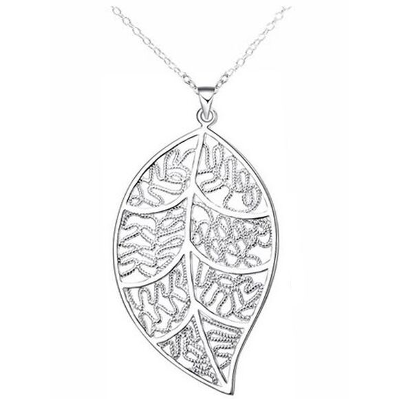 Sterling Silver Plated Filigree Leaf Pendant Necklace - Picture 1 of 3